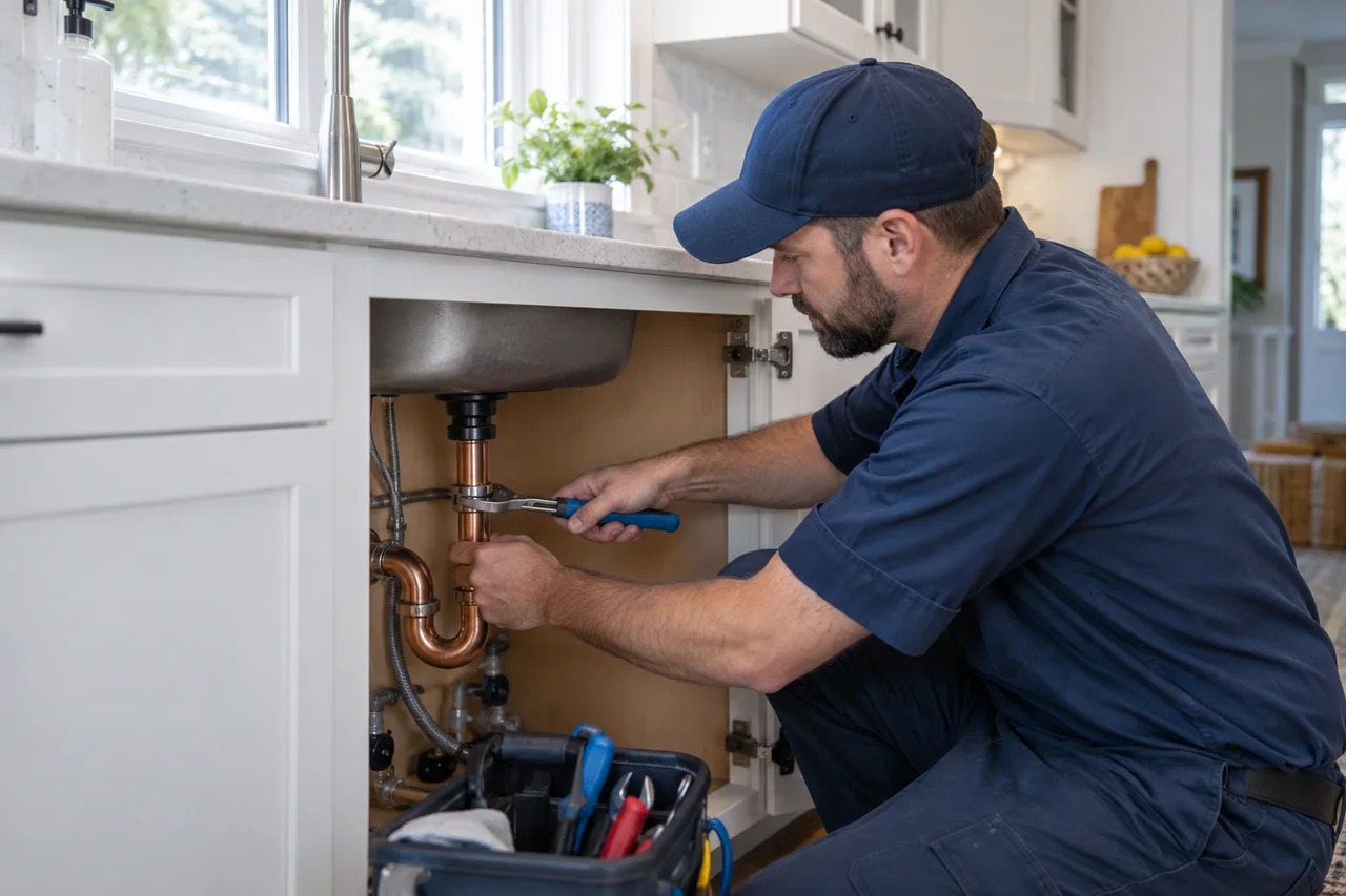 Professional plumber repairing sink plumbing in a bright Methuen-area home