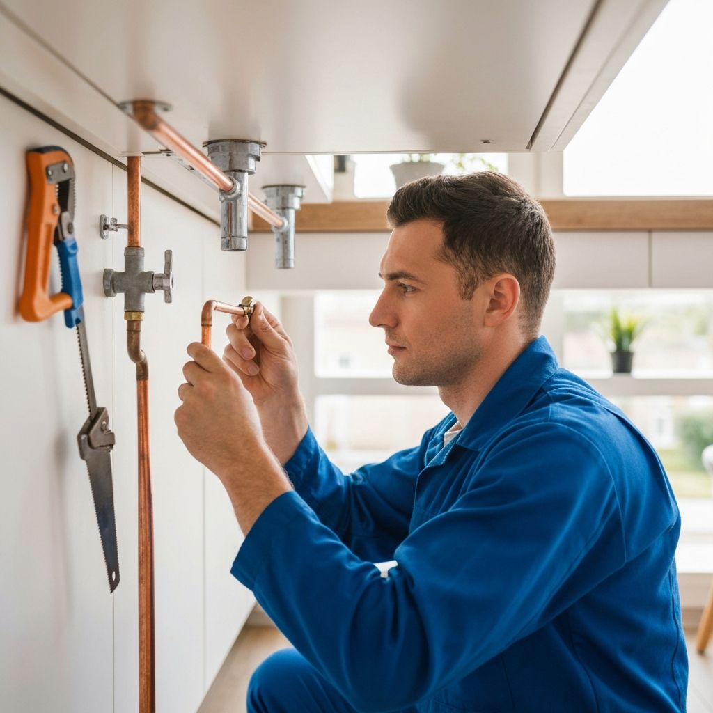 Professional plumber working on residential plumbing
